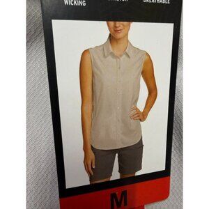 Eddie Bauer Women  Sleeveless Tech Shirt Button-Up Zipper Pocket Gray SZ M NWT